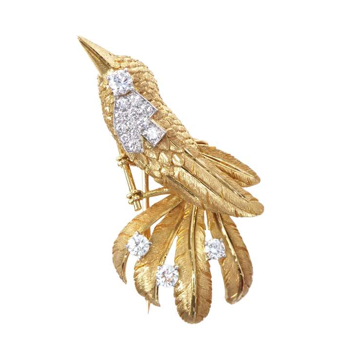 Gold and diamond bird clip brooch